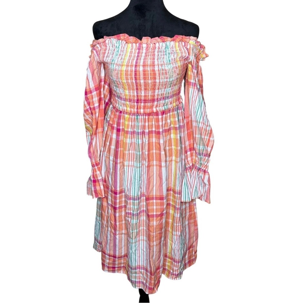 New York & Company Pink Orange Plaid Smocked Off Shoulder Midi Dress Medium NWT